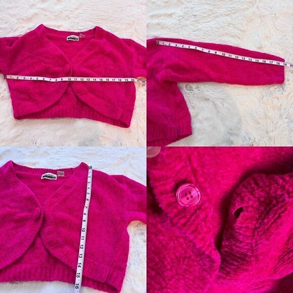 Vintage 80’s Chenille Cropped Knit Cardigan Sweater Hot Pink Barbiecore size M - Picture 8 of 12